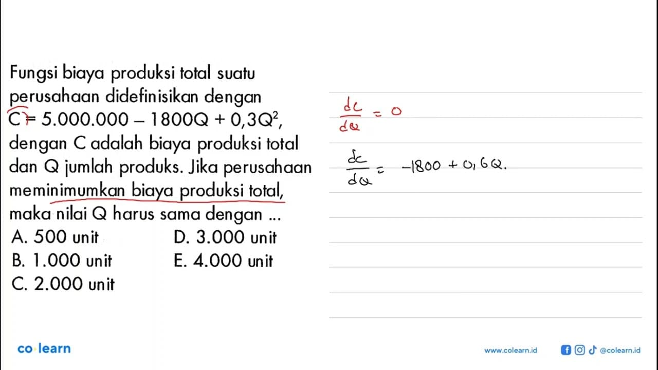 Fungsi biaya produksi total suatu perusahaan didefinisikan