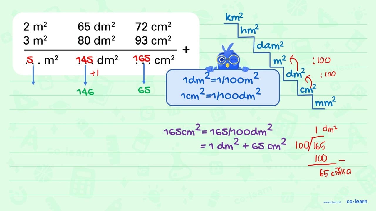 2 m^2 65 dm^2 72 cm^2 + 3 m^2 80 dm^2 93 cm^2 = ... m^2 ...