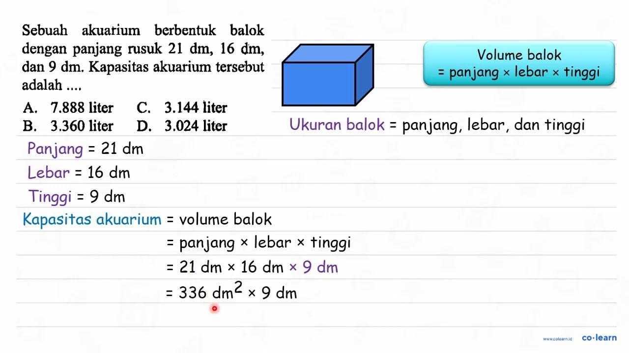 Sebuah akuarium berbentuk balok dengan panjang rusuk 21 dm,