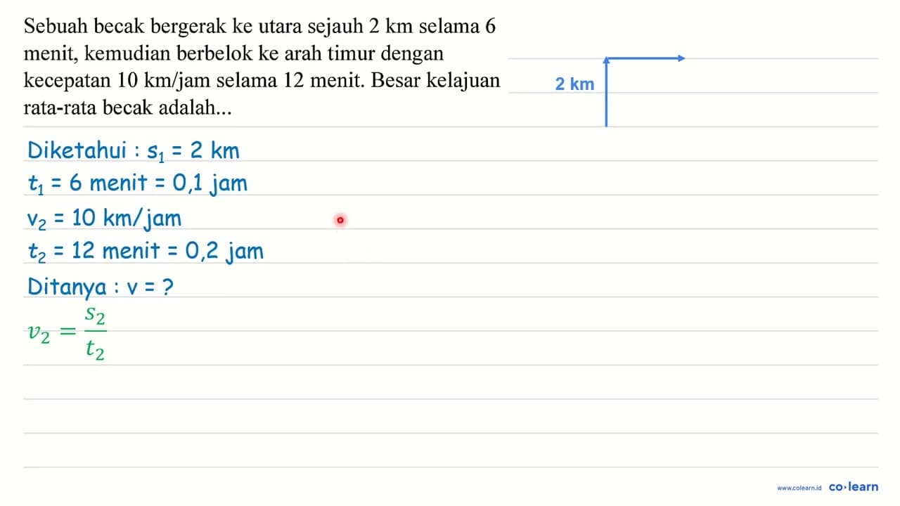 Sebuah becak bergerak ke utara sejauh 2 km selama 6 menit,