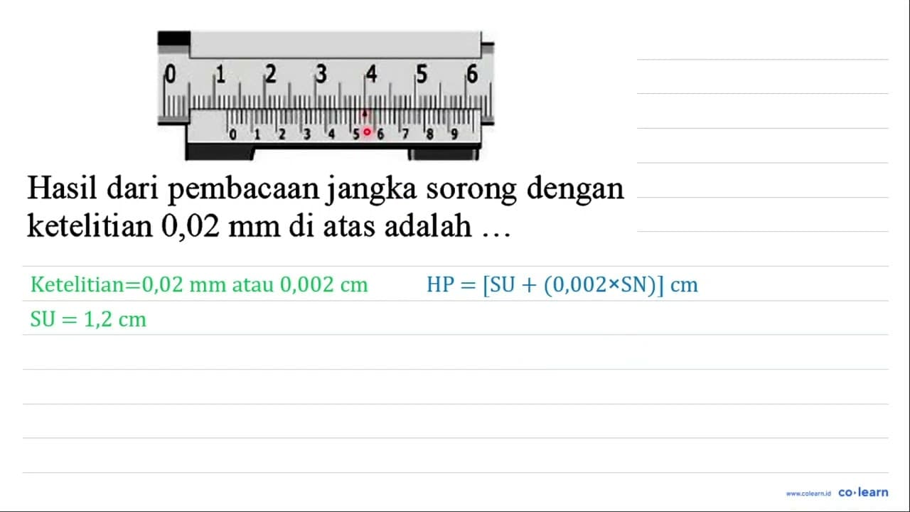 Hasil dari pembacaan jangka sorong dengan ketelitian 0,02