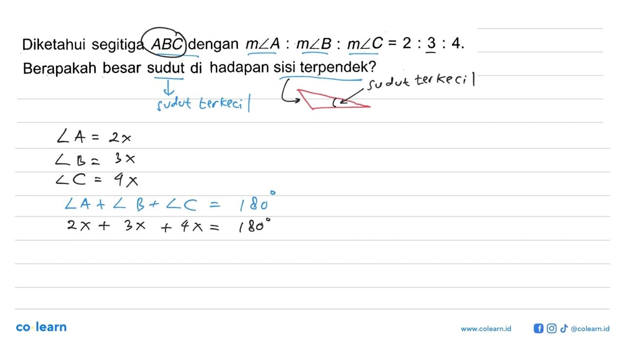 Diketahui segitiga ABC dengan m sudut A:m sudut B:m sudut