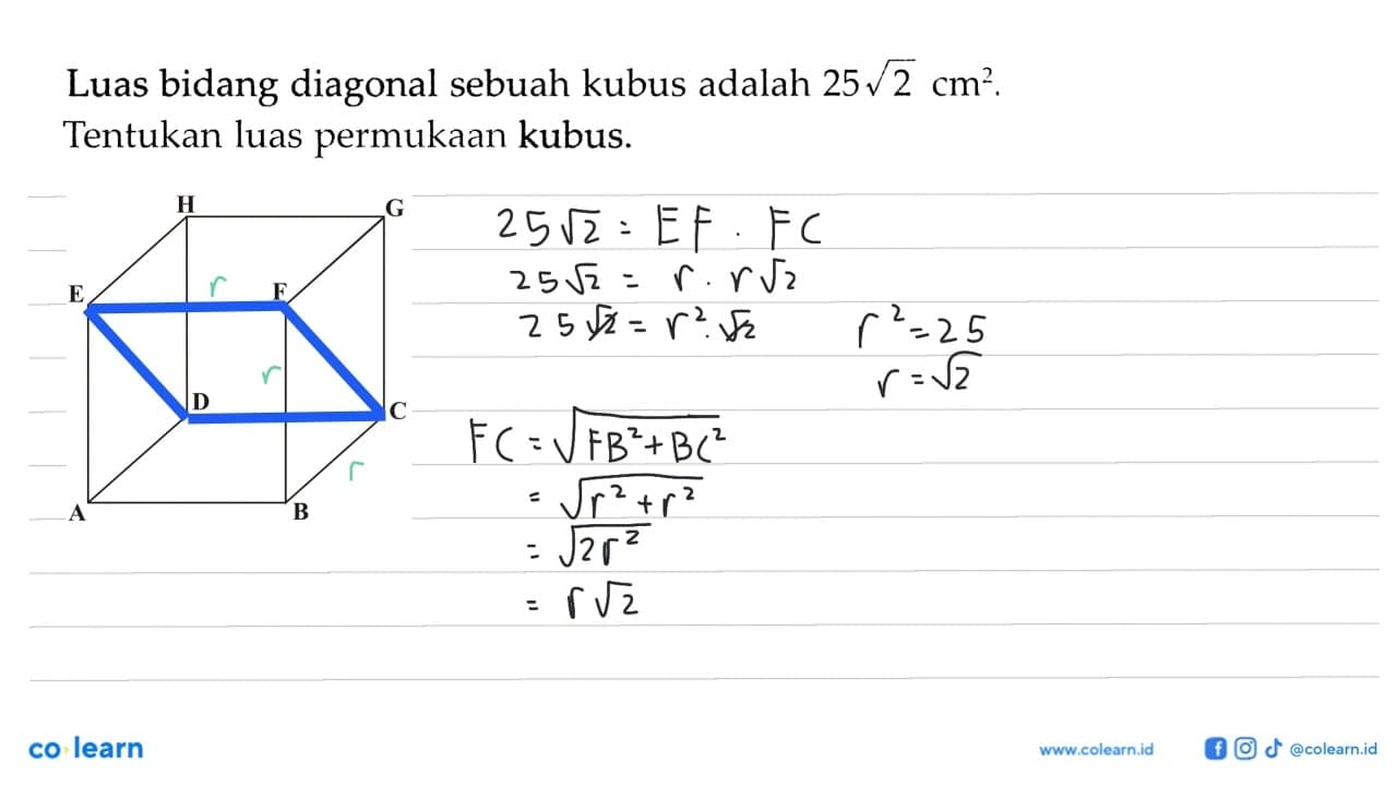 Luas bidang diagonal sebuah kubus adalah 25 akar(2) cm^2.