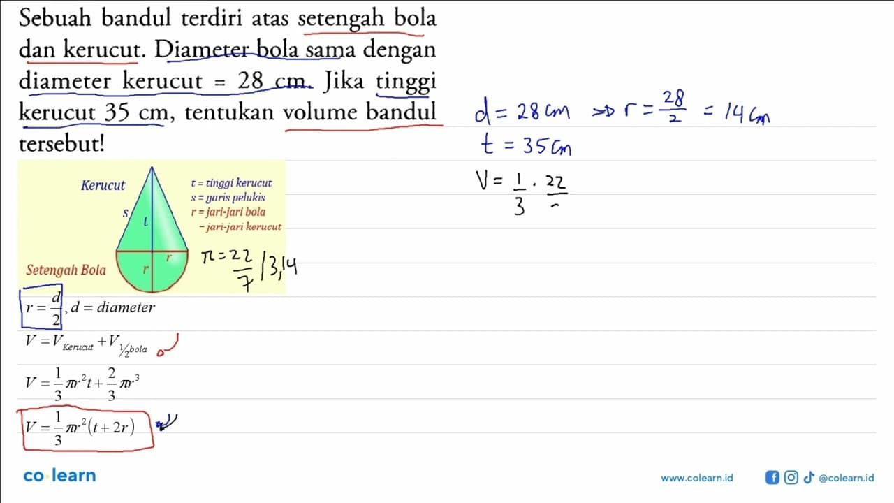 Sebuah bandul terdiri atas setengah bola dan kerucut.