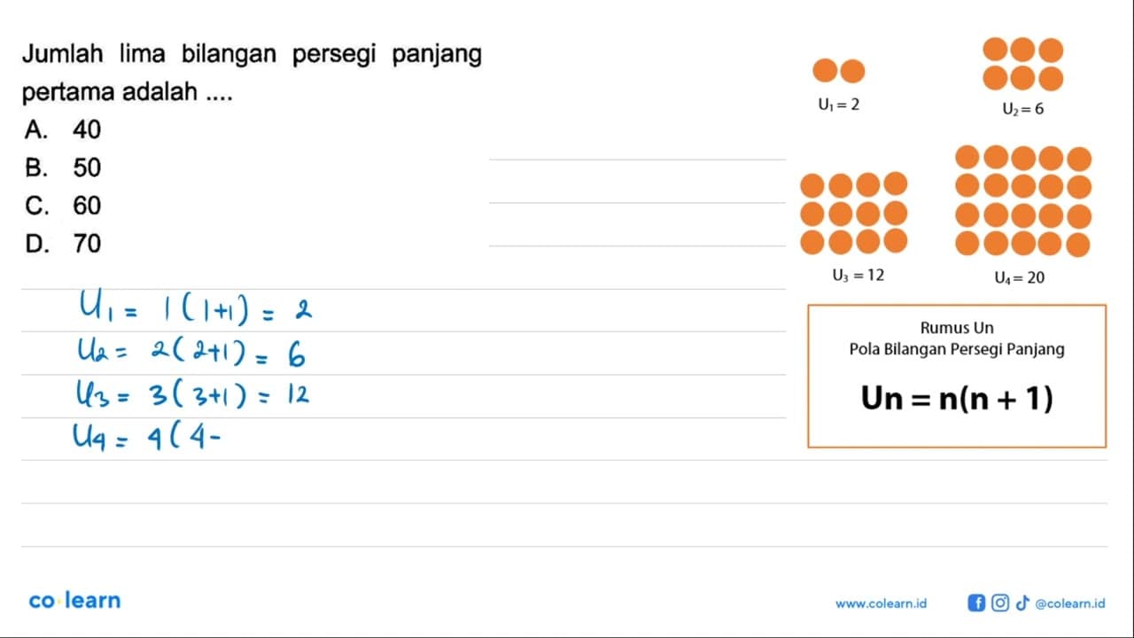 Jumlah Iima bilangan persegi panjang pertama adalah ...