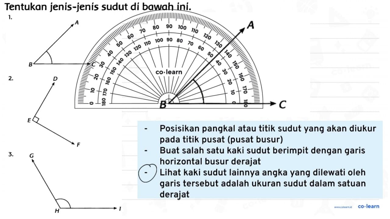 Tentukan jenis-jenis sudut di bawah ini. 1 . 2 . 3 .