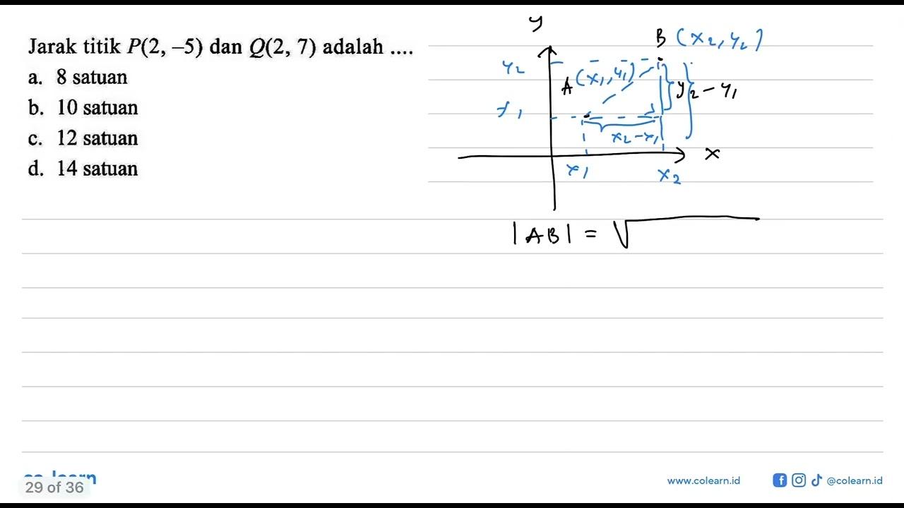 Jarak titik P(2, -5) dan Q(2, 7) adalah ... a. 8 satuan b.