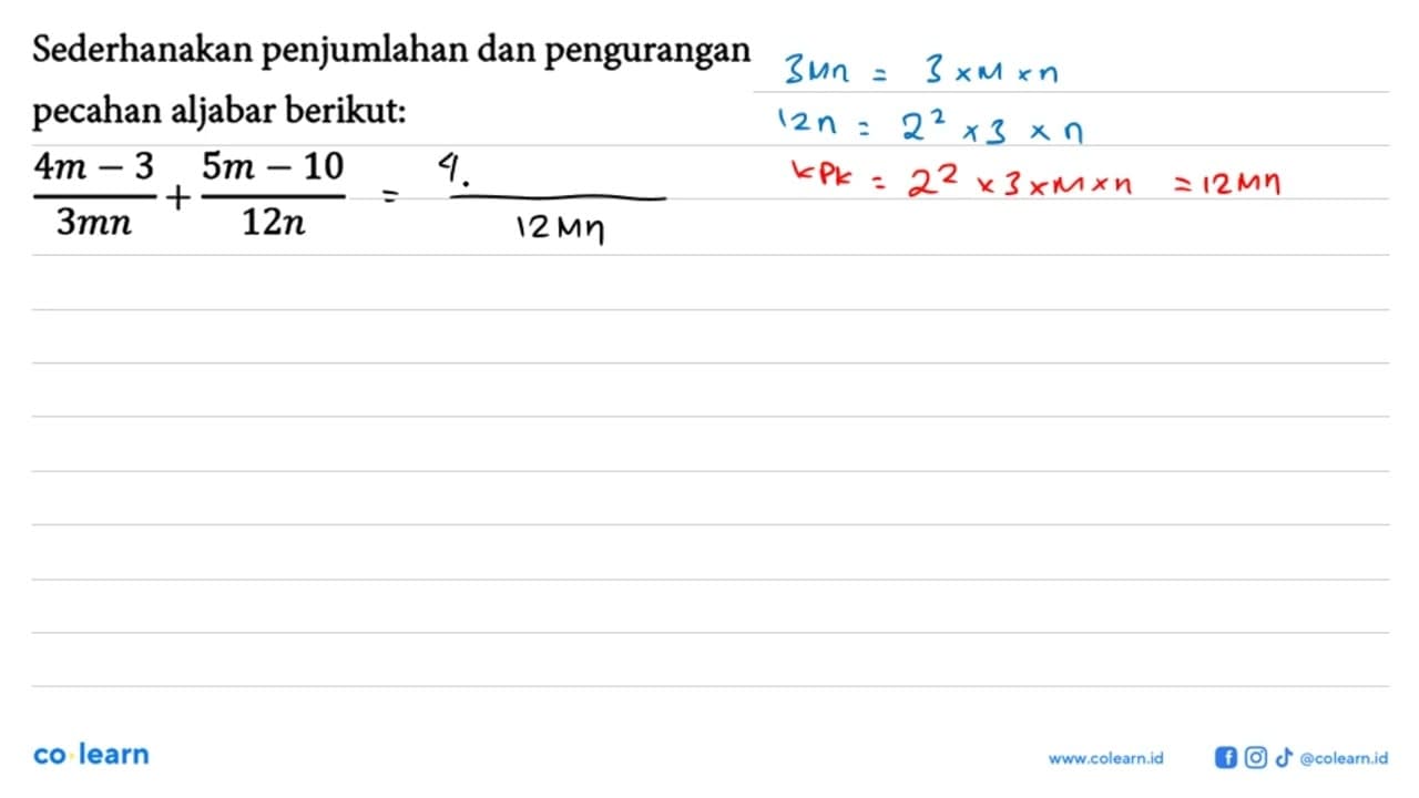 (4m-3)/(3mn) + (5m-10)/(12n)