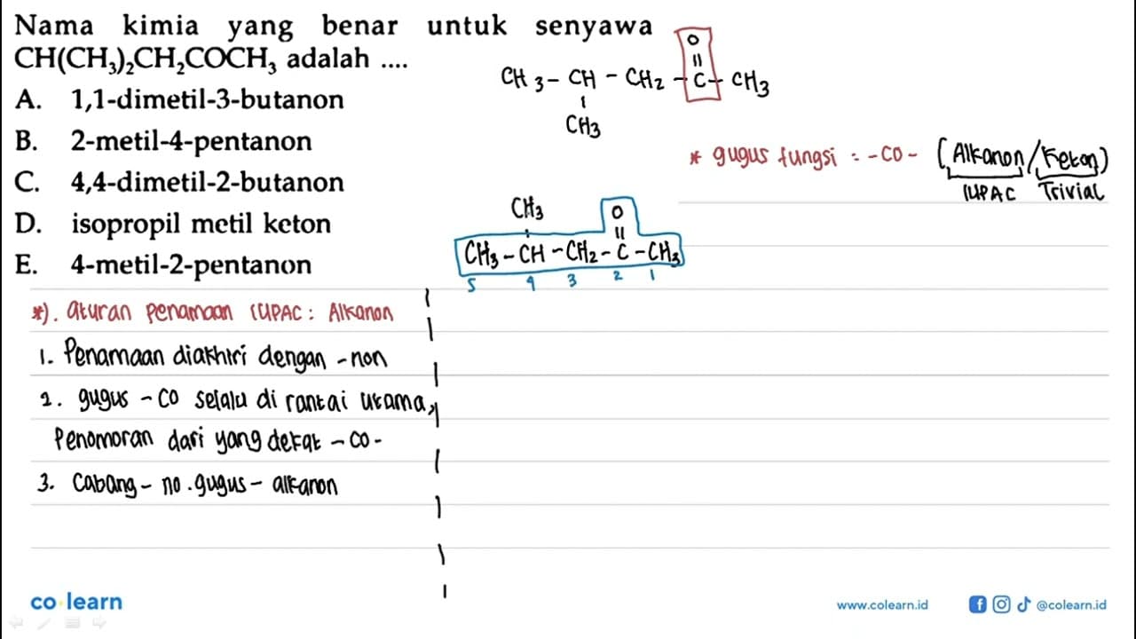 Nama kimia yang benar untuk senyawa CH(CH3)2CH2COCH3