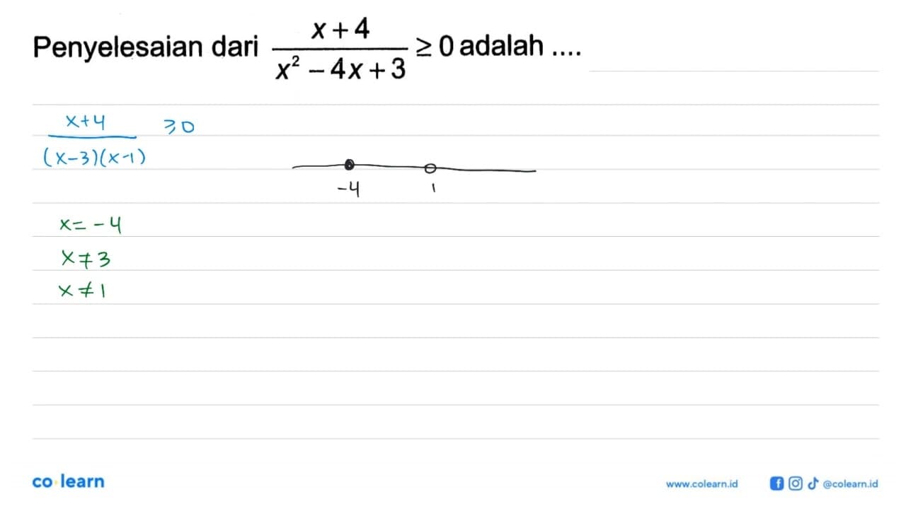 Penyelesaian dari (x+4)/(x^2-4x+3)>=0 adalah