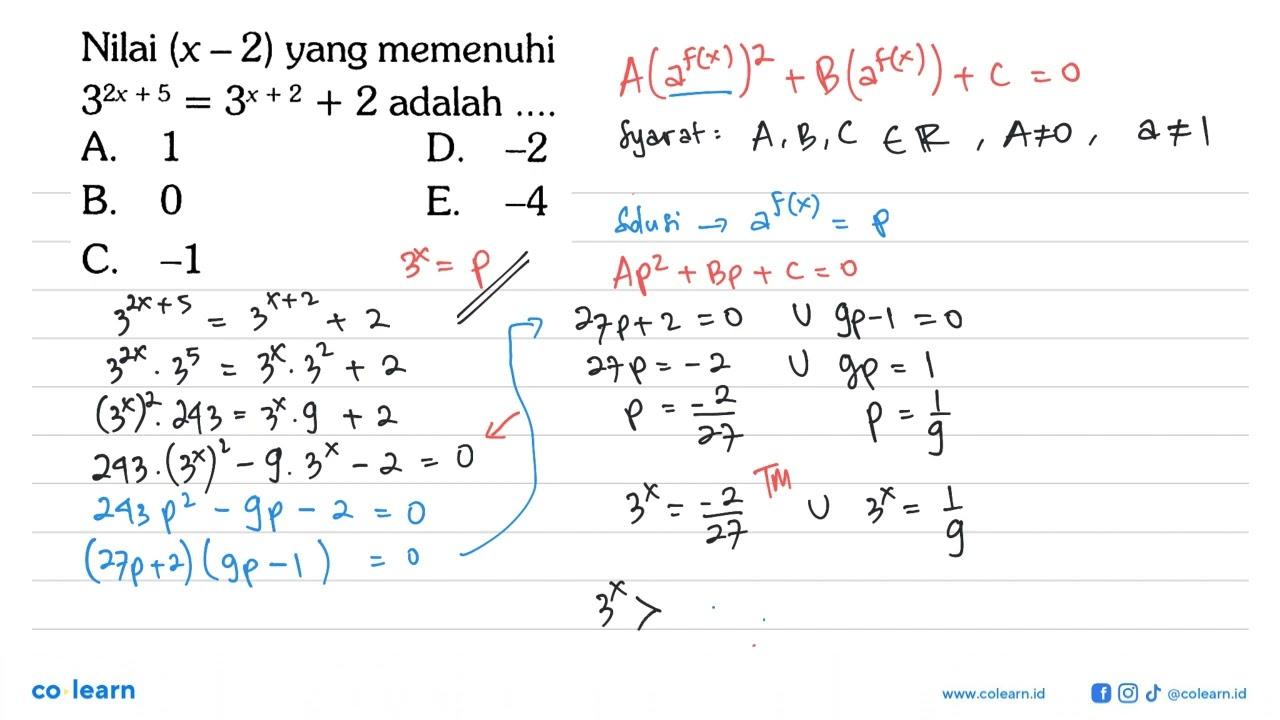 Nilai (x-2) yang memenuhi 3^(2x+5)=3^(x+2) + 2 adalah ....