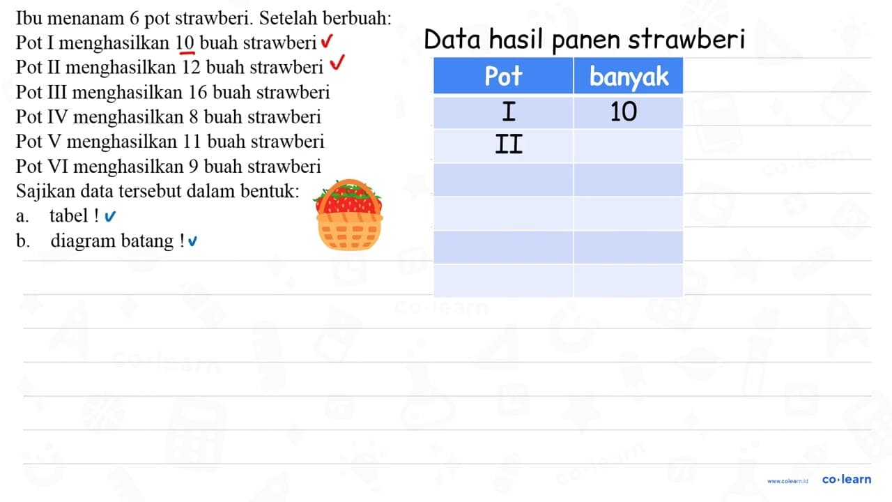 Ibu menanam 6 pot strawberi. Setelah berbuah: Pot I