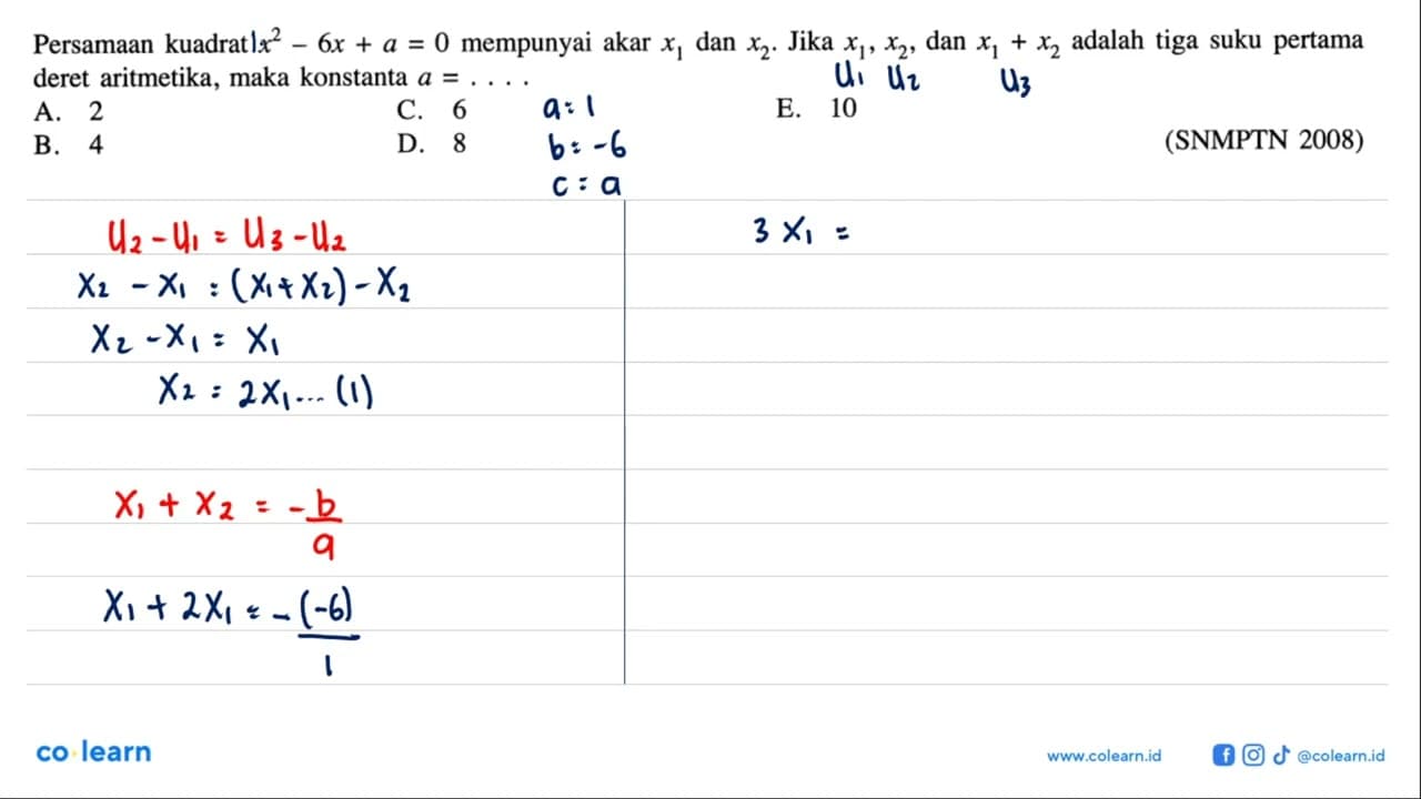 Persamaan kuadrat x^2-6 x+a=0 mempunyai akar x1 dan x2 .