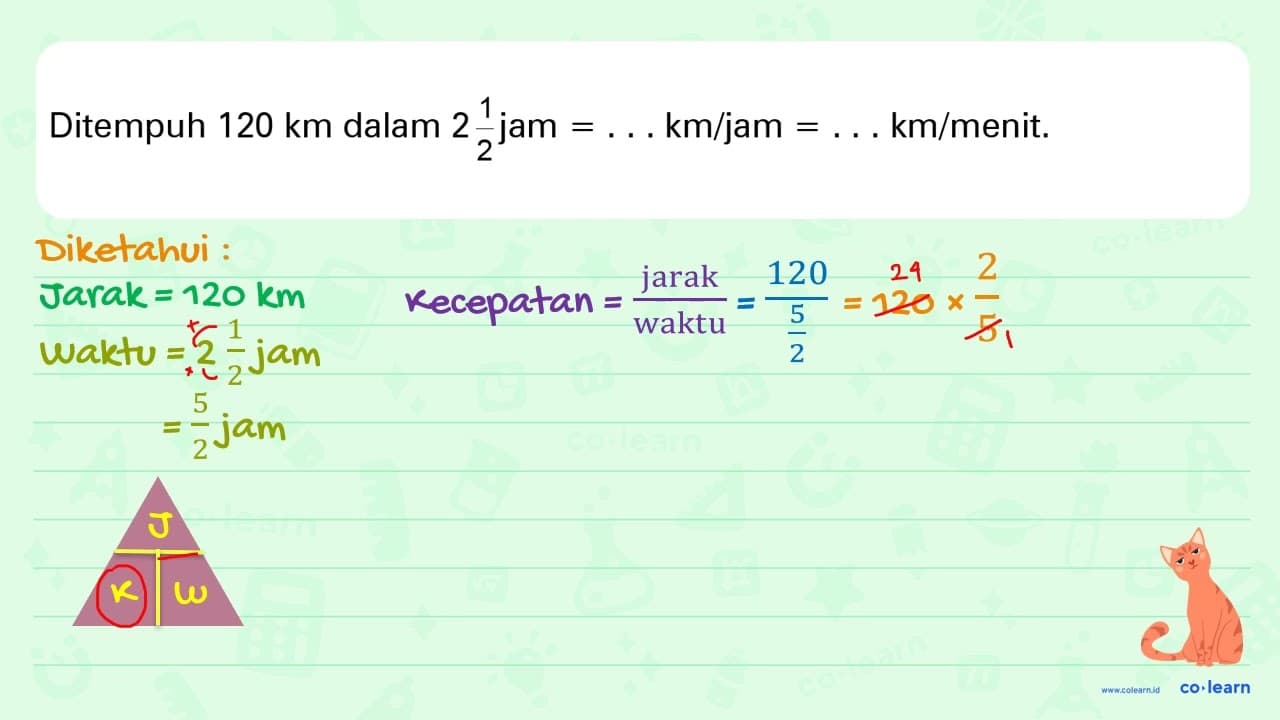 Ditempuh 120 km dalam 2 1/2 jam = . . . km/jam = . . .