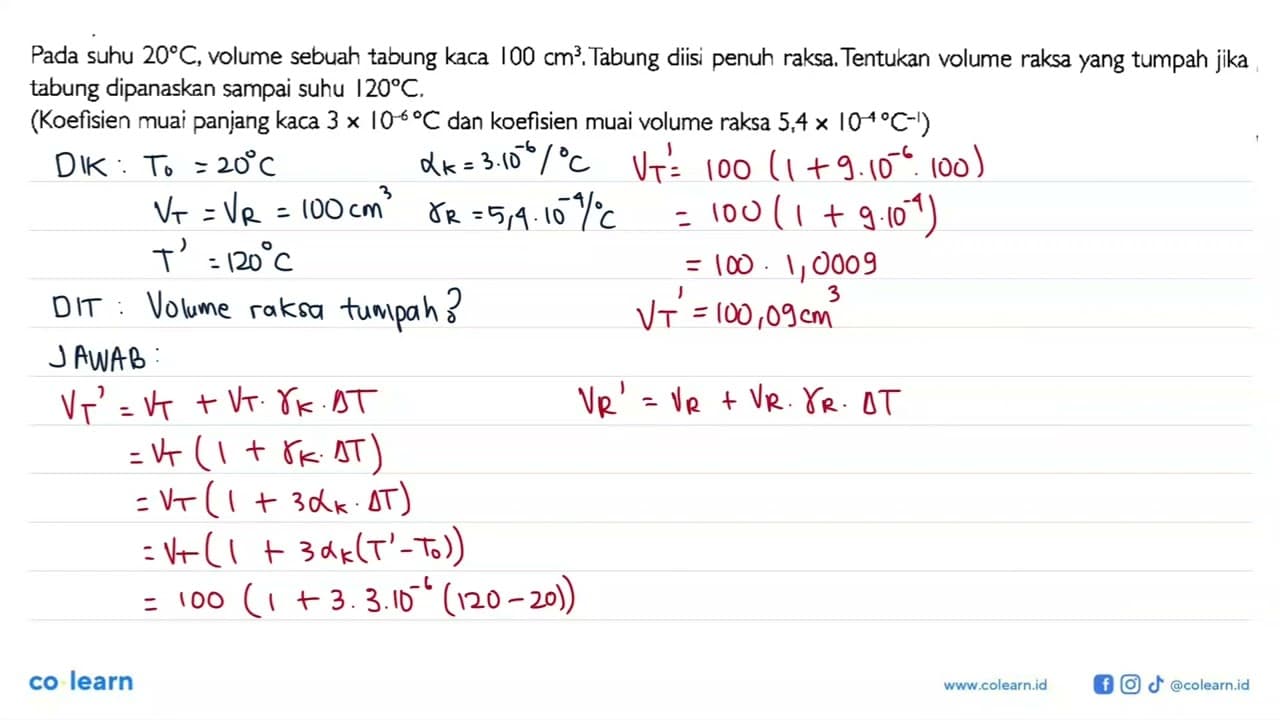 Pada suhu 20 C, volume sebuah tabung kaca 100 cm^3. Tabung