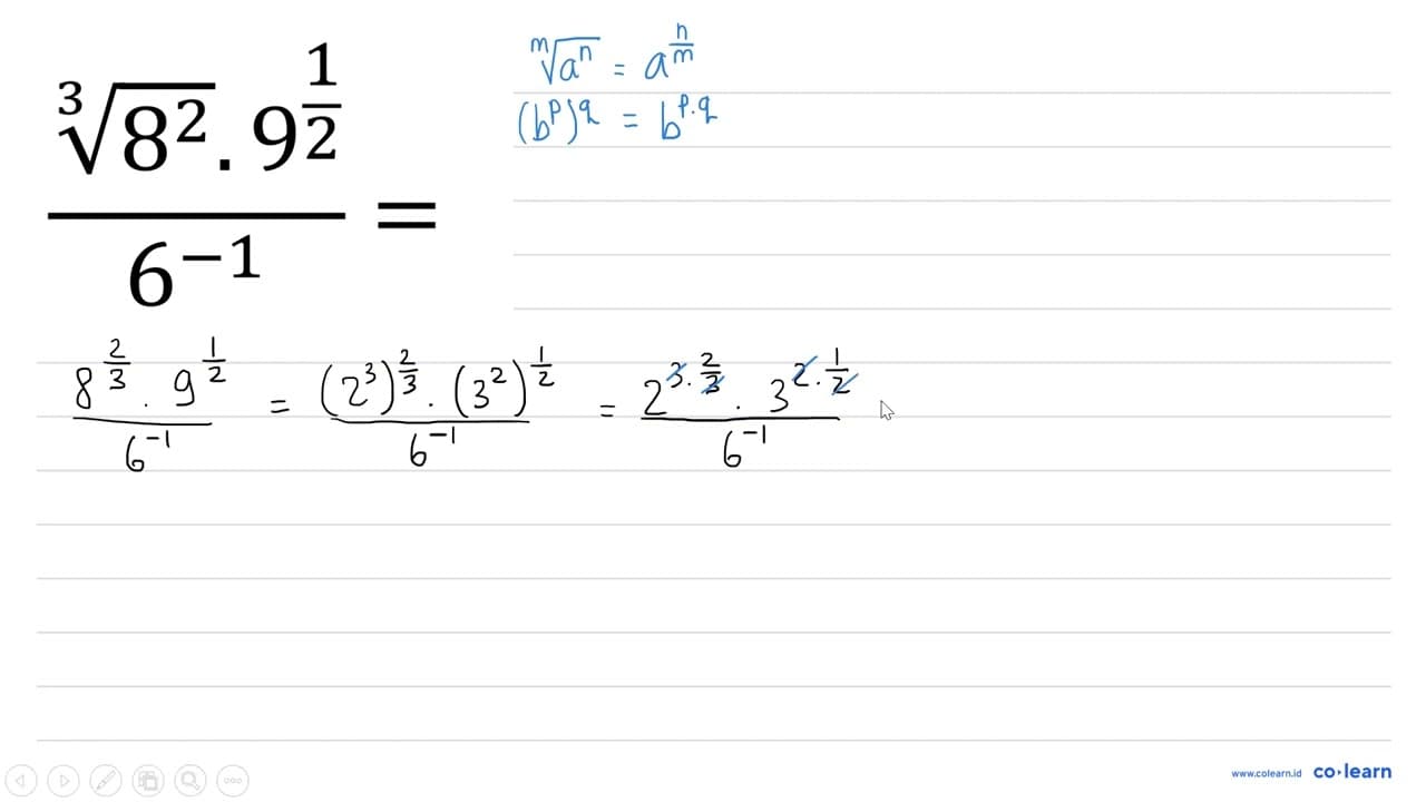 (akar pangkat 3 dari (8^(2)) . 9^((1)/(2)))/(6^(-1))=