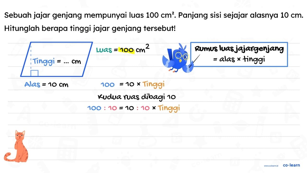 Sebuah jajar genjang mempunyai luas 100 cm^(2) . Panjang