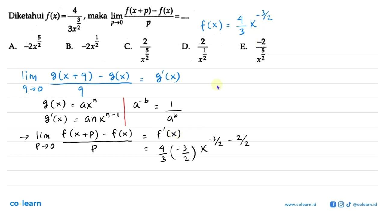 Diketahui f(x)=4/3x^(3/2), maka lim p->0