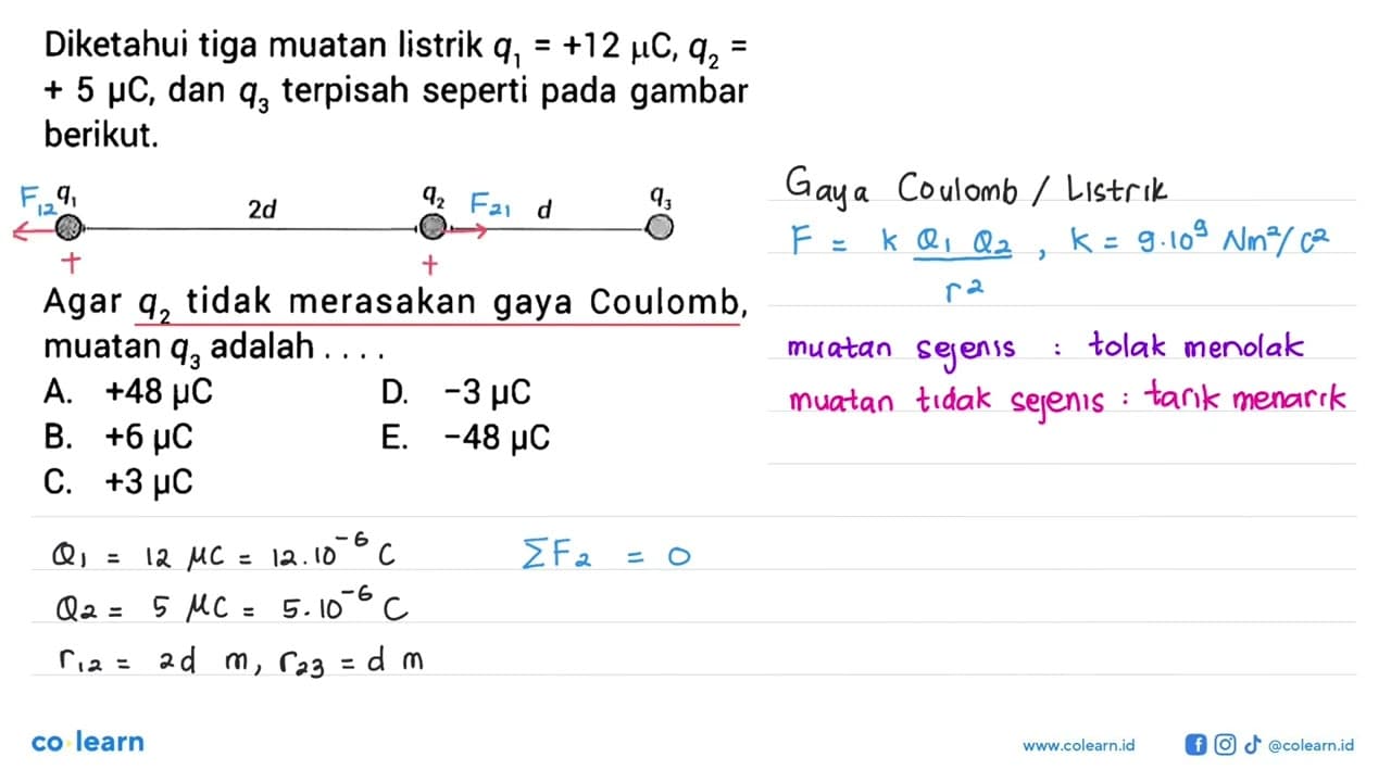 Diketahui tiga muatan listrik q1=+12 muC, q2=+5 muC, dan q3