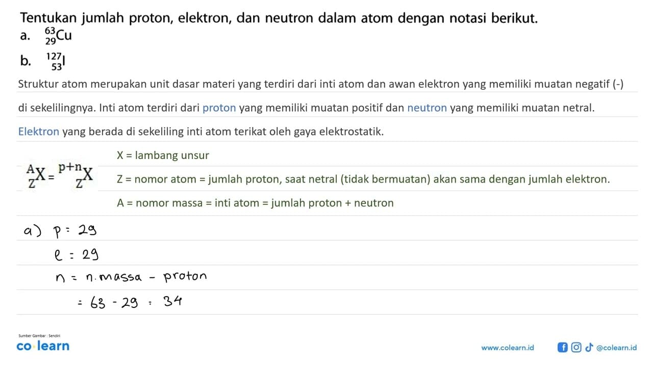 Tentukan jumlah proton, elektron, dan neutron dalam atom