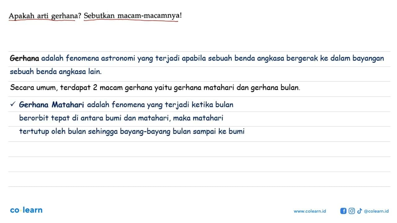 Apakah arti gerhana? Sebutkan macam-macamnya!