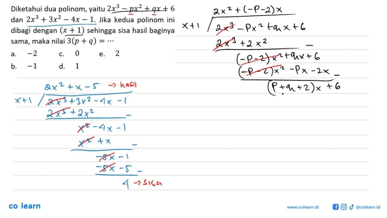 Diketahui dua polinom, yaitu 2x^3-px^2+qx+6 dan