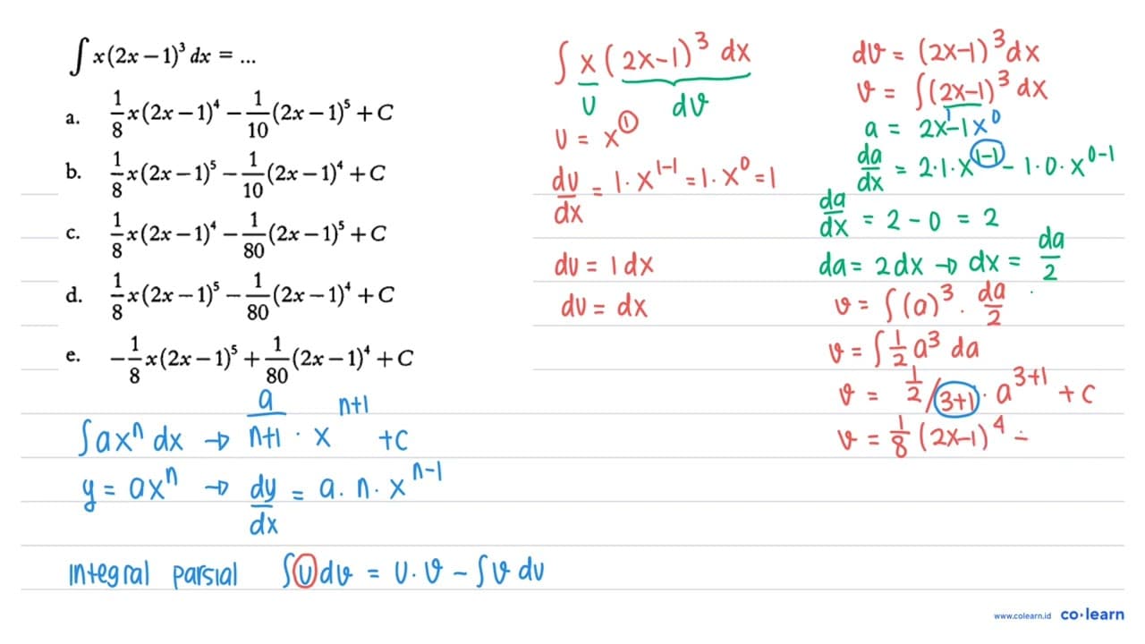 Integral x(2 x-1)^3 dx=...