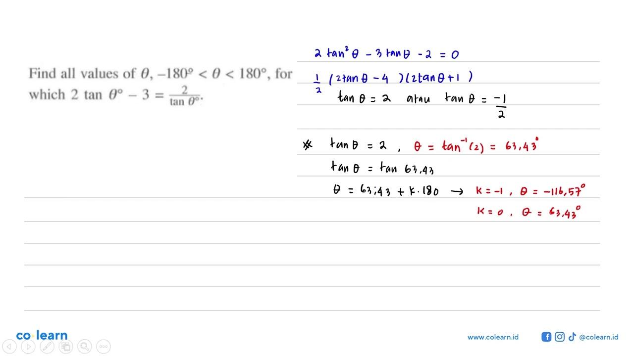 Find all values of theta, -180<theta<180, for which 2 tan