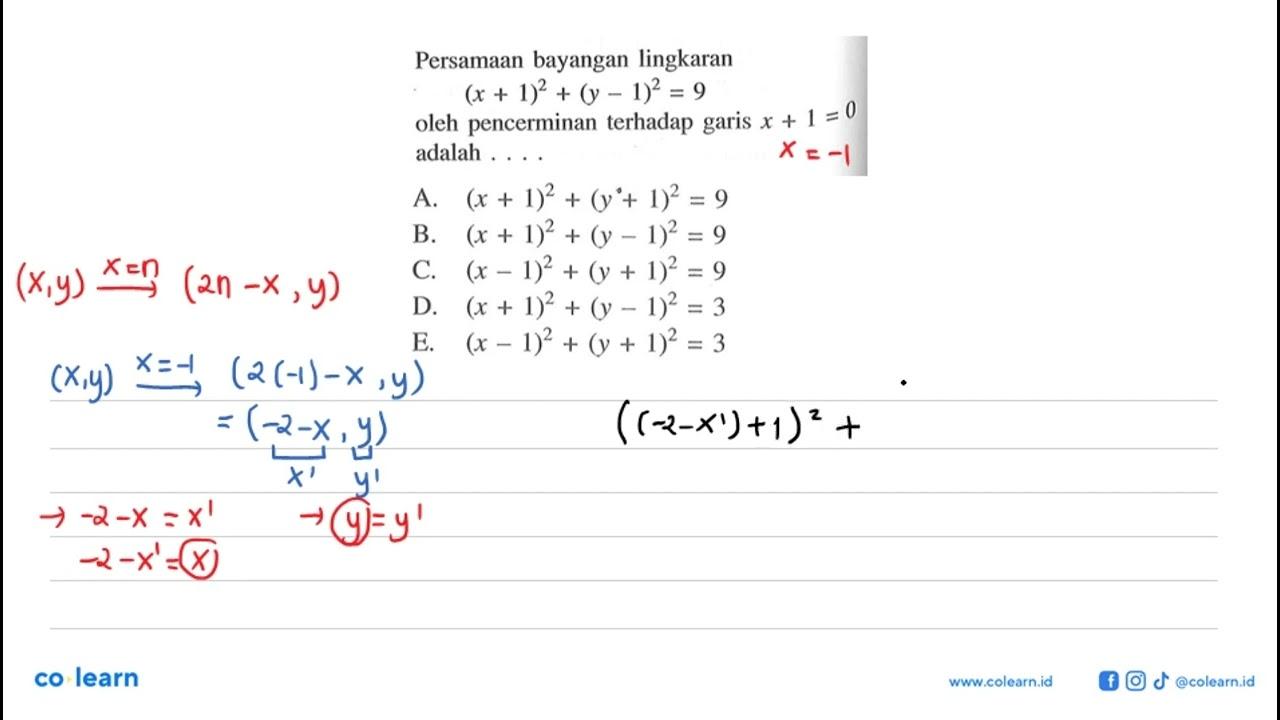 Persamaan bayangan lingkaran (x+1)^2+(y-1)^2=9 oleh