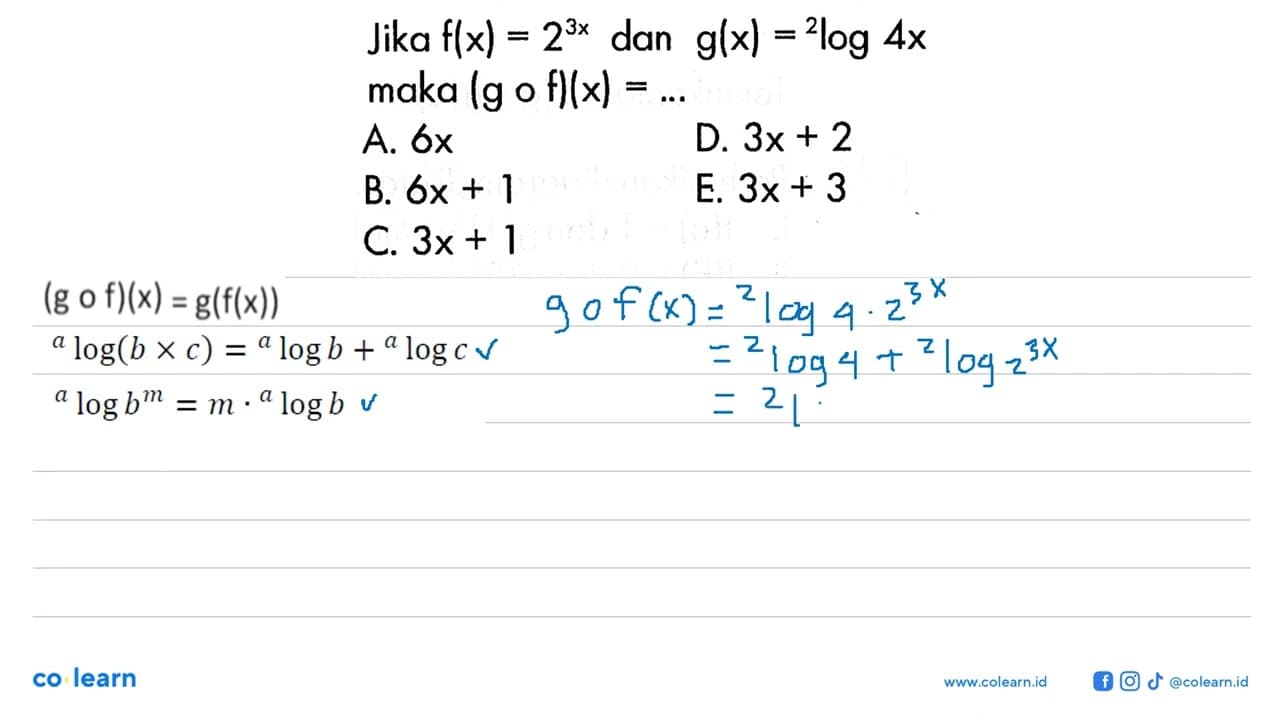 Jika f(x)=2^(3x) dan g(x)= ^2 log 4x maka (gof)(x)=....