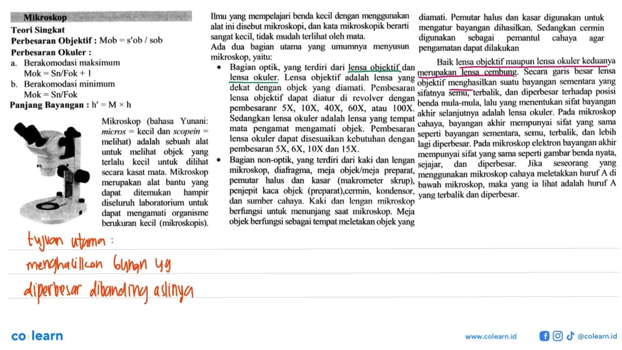 Mikroskop Teori Singkat Perbesaran Objektif : Mob =