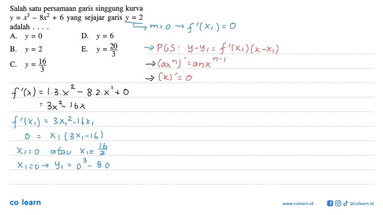 Salah satu persamaan garis singgung kurva y=x^3-8x^2+6 yang