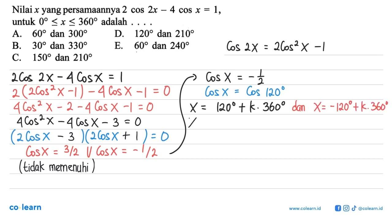 Nilai x yang persamaannya 2 cos 2x - 4 cos x = 1, untuk 0 <