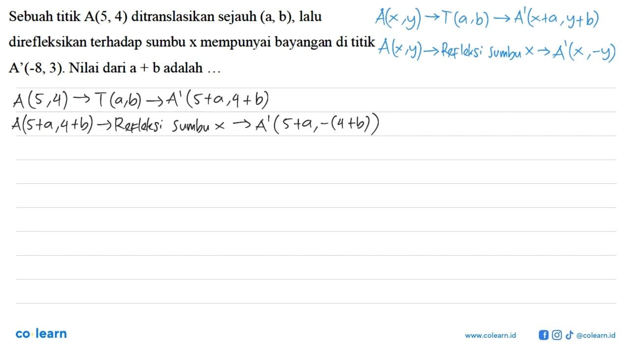 Sebuah titik A(5,4) ditranslasikan sejauh (a,b), lalu