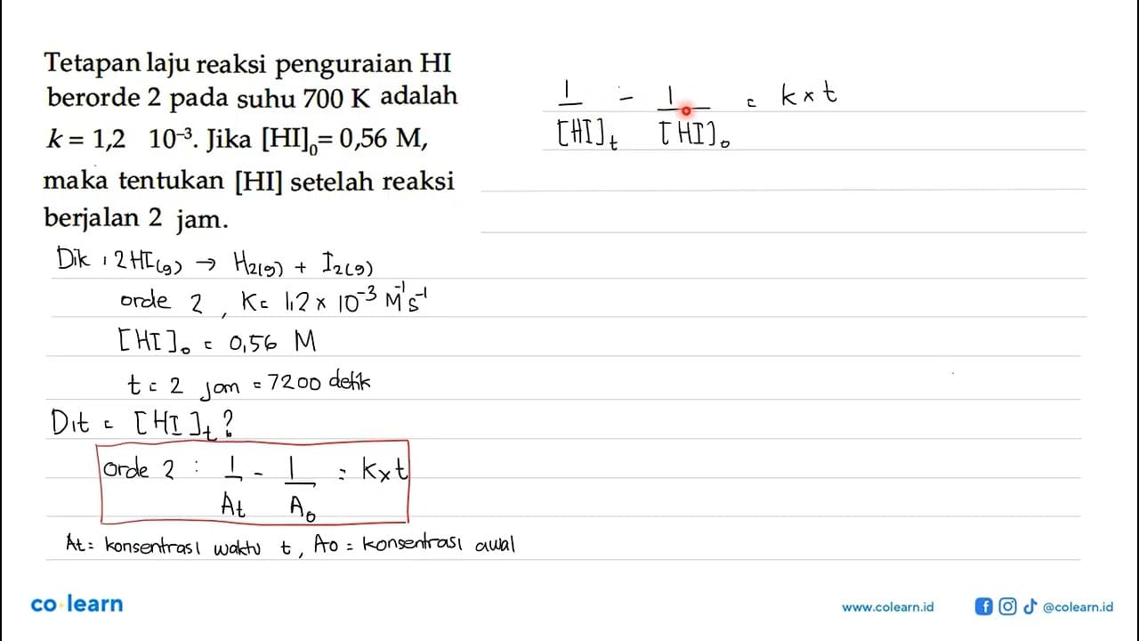 Tetapan laju reaksi penguraian HI berorde 2 pada suhu 700 K