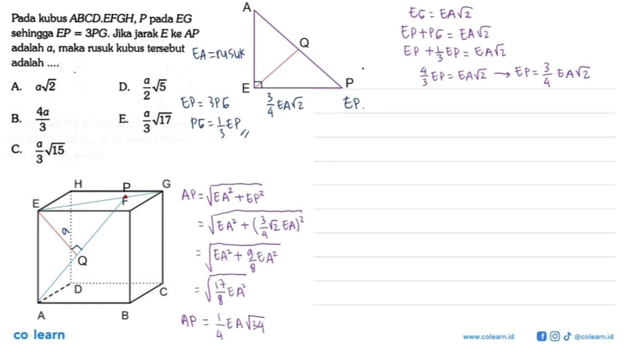 Pada kubus ABCDEFGH, P pada EG sehingga EP=3PG. Jika jarak