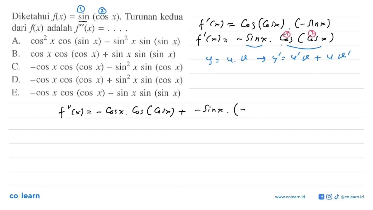 Diketahui f(x)=sin(cos x). Turunan kedua dari f(x) adalah