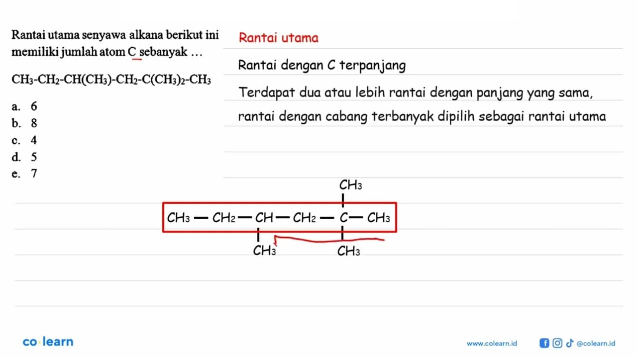 Rantai utama senyawa alkana berikut ini memiliki jumlah