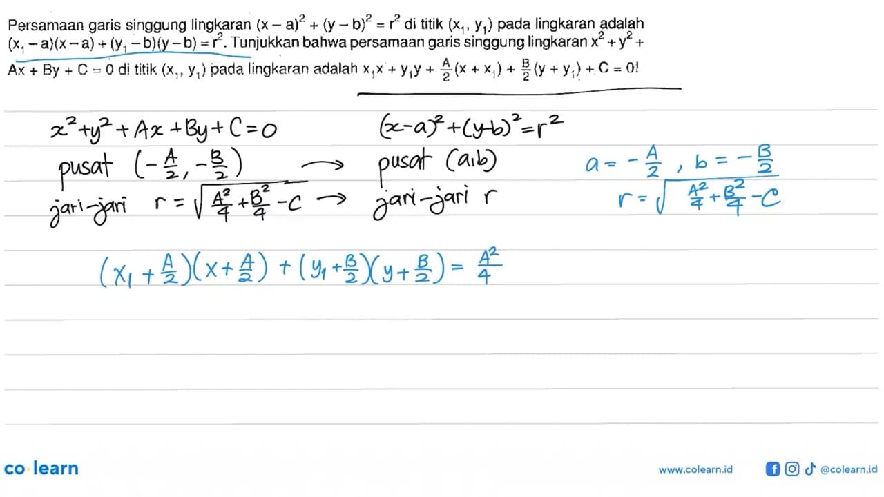 Persamaan garis singgung lingkaran (x-a)^2+(y-b)^2=r^2 di