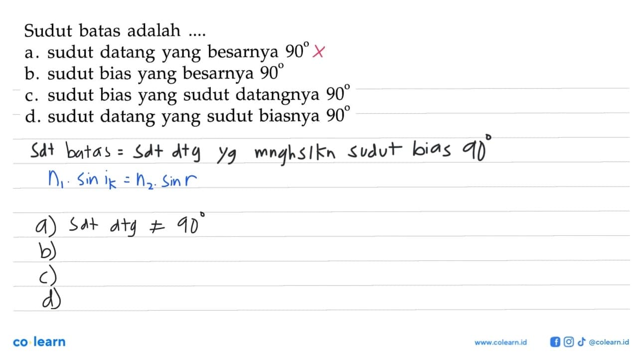 Sudut batas adalah .... a. sudut datang yang besarnya 90 b.