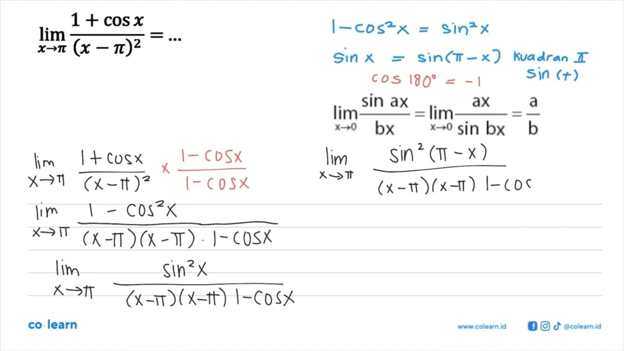 lim x->pi (1+cos x)/((x-pi)^2)= ...