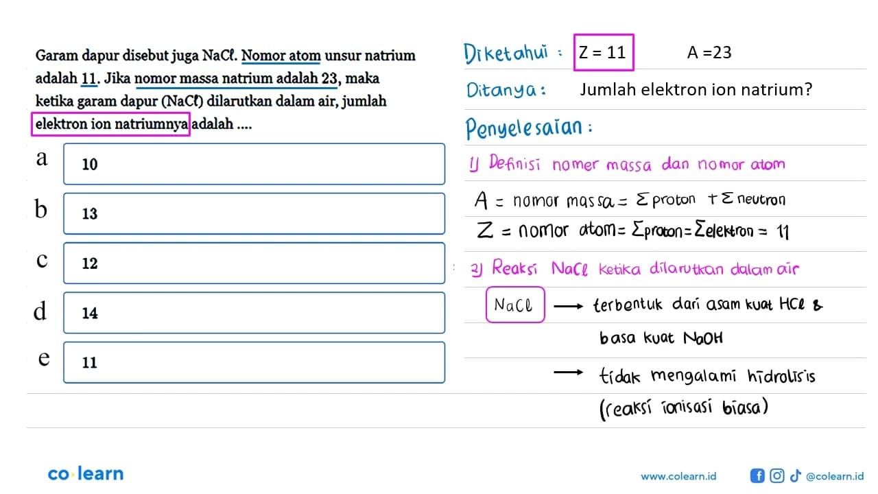 Garam dapur disebut juga NaCl. Nomor atom unsur natrium