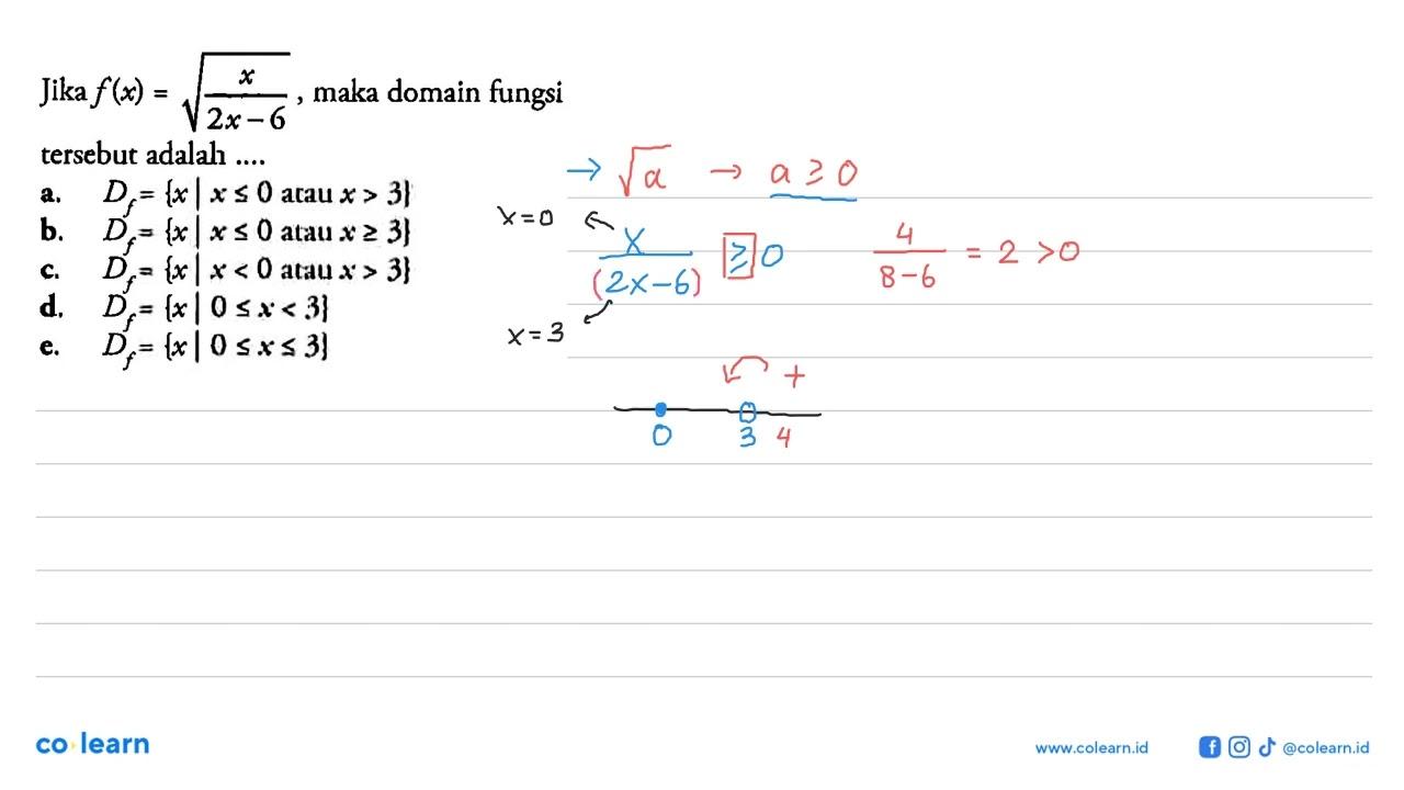 Jika f(x)=akar(x/(2x-6)) , maka domain fungsi tersebut