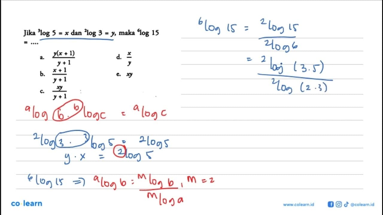 Jika 3log5=x dan 2log3=y, maka 6log15=...