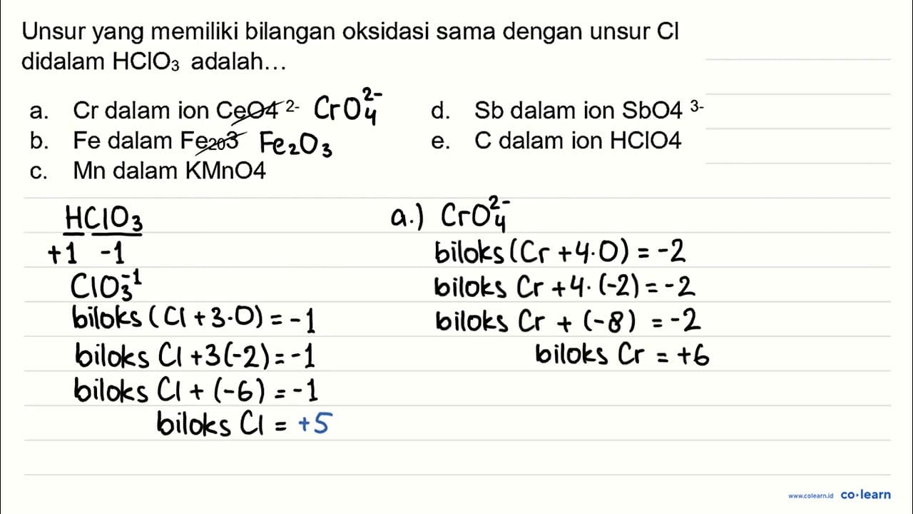 Unsur yang memiliki bilangan oksidasi sama dengan unsur Cl