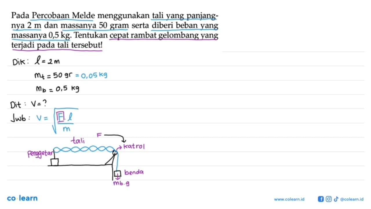 Pada Percobaan Melde menggunakan tali yang panjangnya 2 m