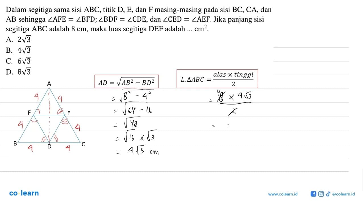 Dalam segitiga sama sisi ABC, titik D, E, dan F