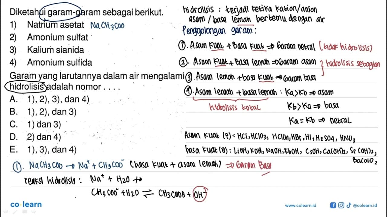 Diketahui garam-garam sebagai berikut. 1) Natrium asetat 2)