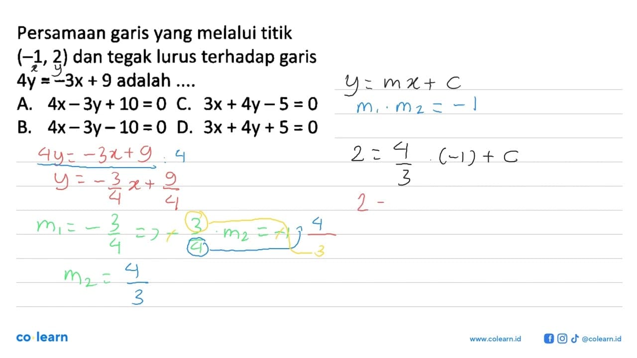 Persamaan garis yang melalui titik (-1,2) dan tegak lurus