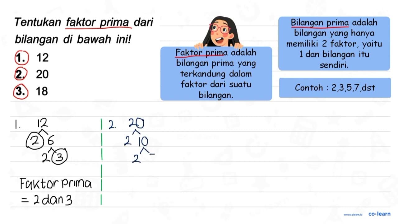 Tentukan faktor prima dari bilangan di bawah ini! 1. 12 2.